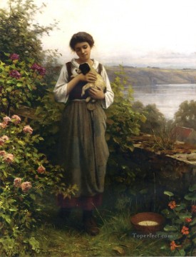 Niña sosteniendo un cachorro paisana Daniel Ridgway Knight Flowers Pinturas al óleo